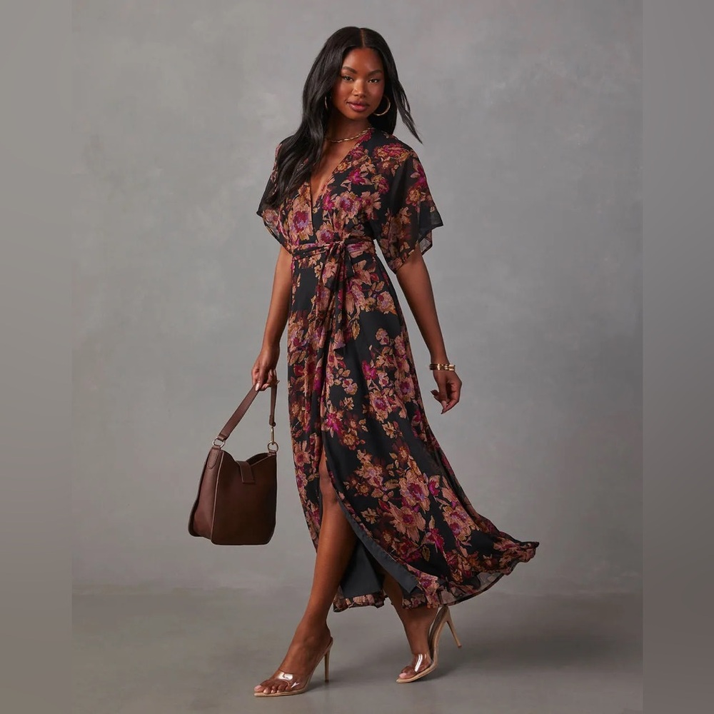 Vici Black Floral Maxi Dress with Pink and Brown Blooms